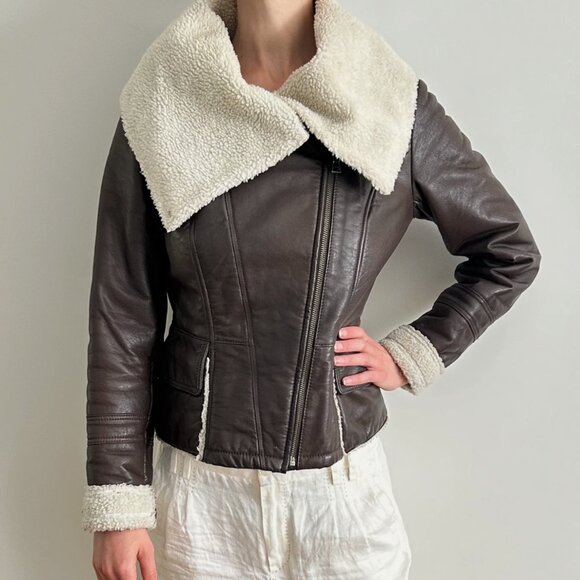 Danier Leather Bomber Jacket Brown Aviator Genuine Leather Shearling Collar Vtg - Picture 2 of 6